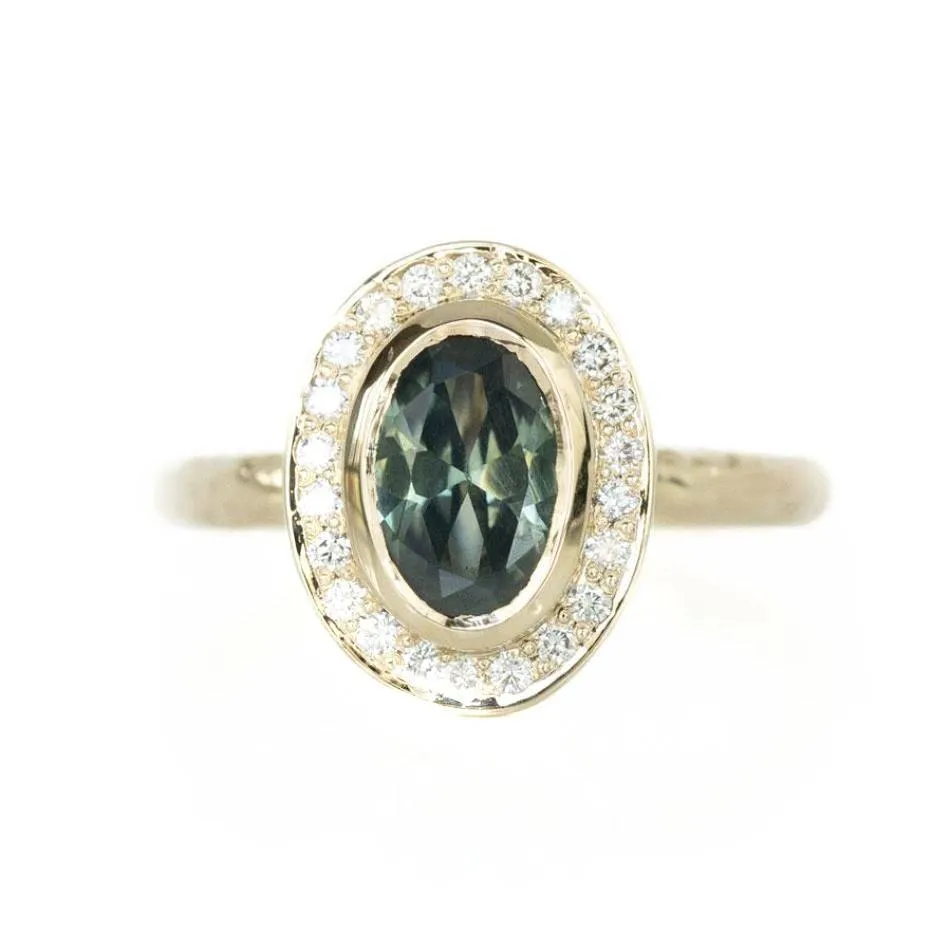 Oval Bezel Set 1.68ct Teal Blue Green Sapphire in 14k Yellow Gold Evergreen Halo