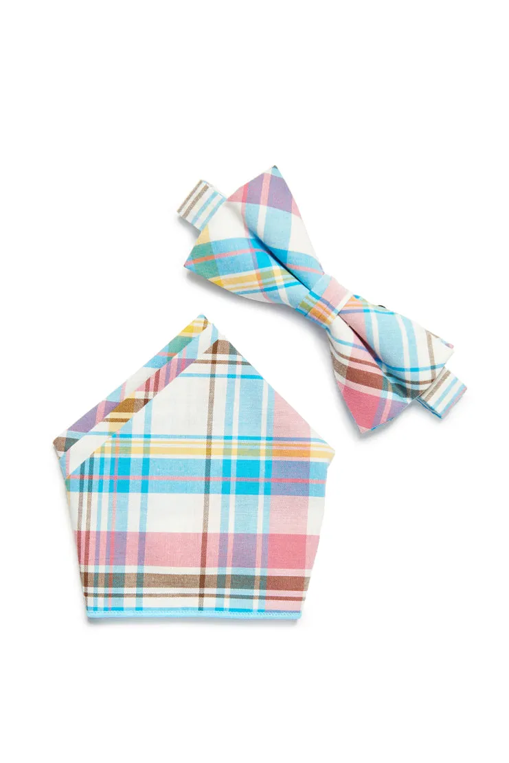 Pastel Plaid Print Bow Tie - Blue