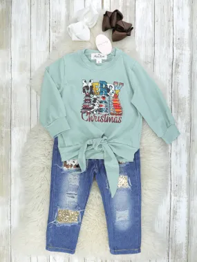 "Merry Christmas" Tie Distressed Denim Outfit