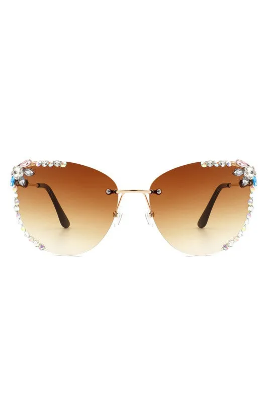 Rimless Rhinestone Fashion Cat Eye Sunglasses