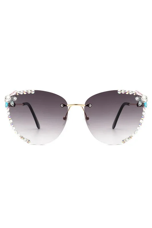 Rimless Rhinestone Fashion Cat Eye Sunglasses