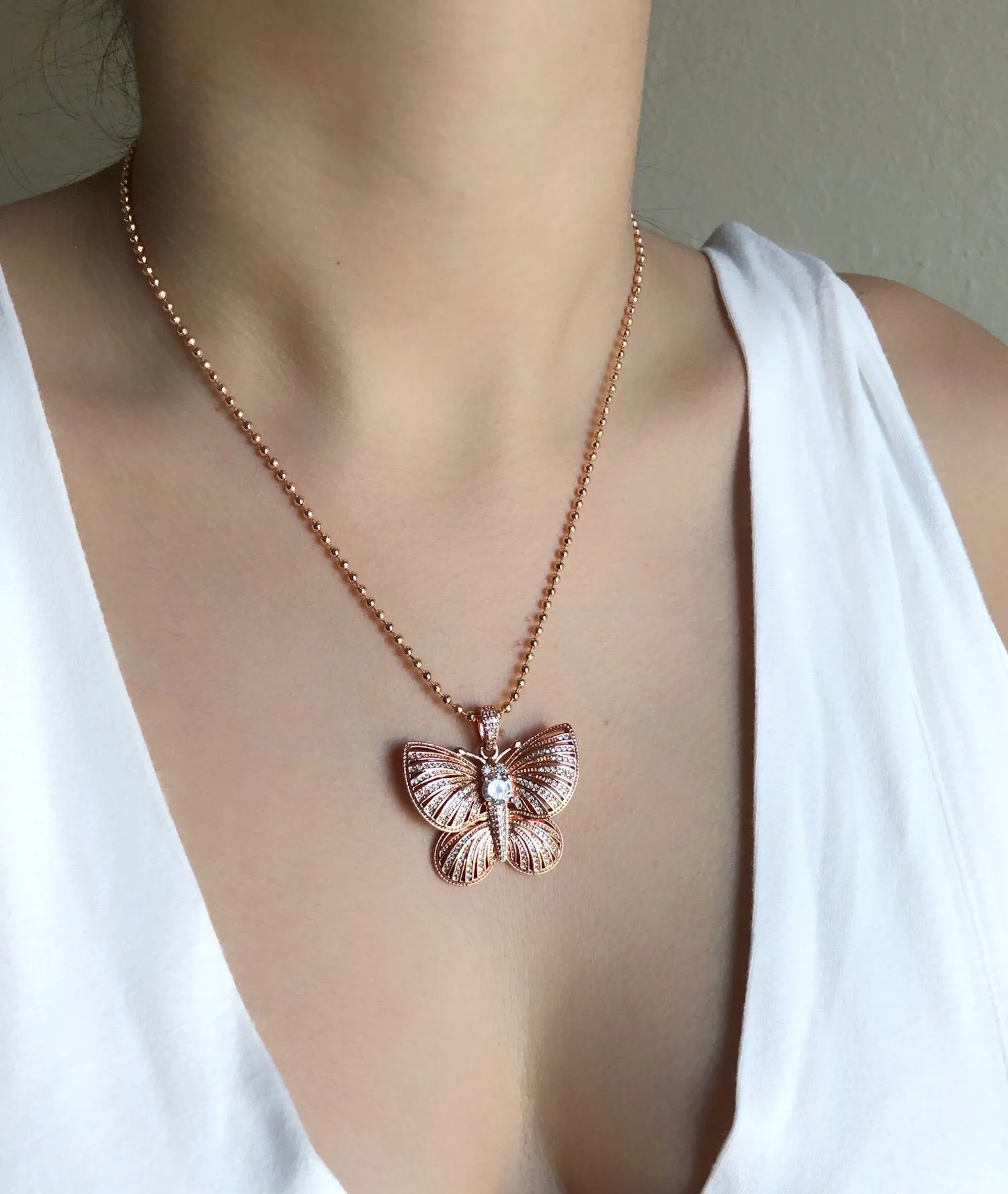 Rose Gold Butterfly Charm Necklace, Cubic Zirconia Big Butterfly Pendant, Fashion Necklace, Butterfly Jewelry, Rose Gold Trendy Necklace