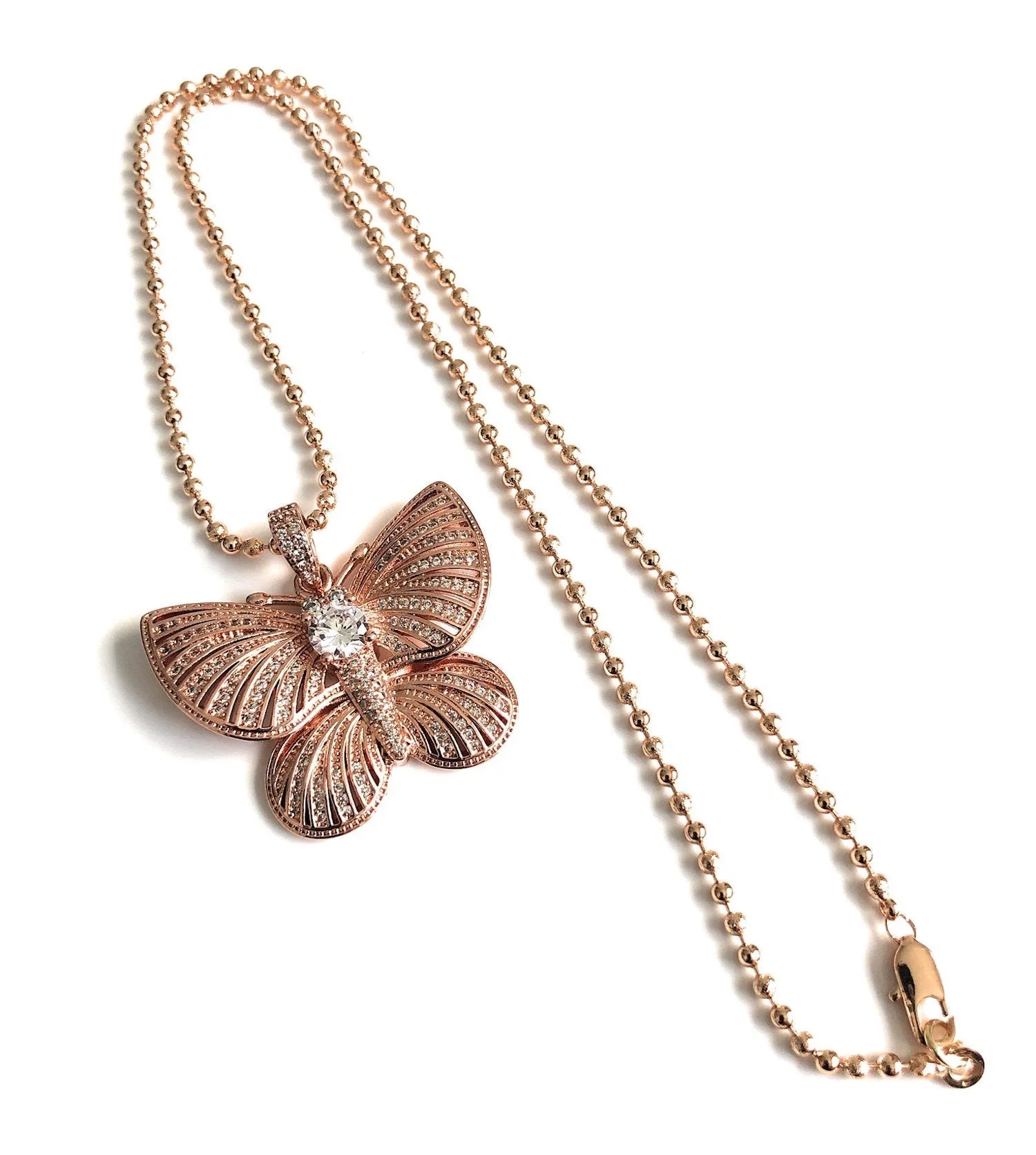 Rose Gold Butterfly Charm Necklace, Cubic Zirconia Big Butterfly Pendant, Fashion Necklace, Butterfly Jewelry, Rose Gold Trendy Necklace