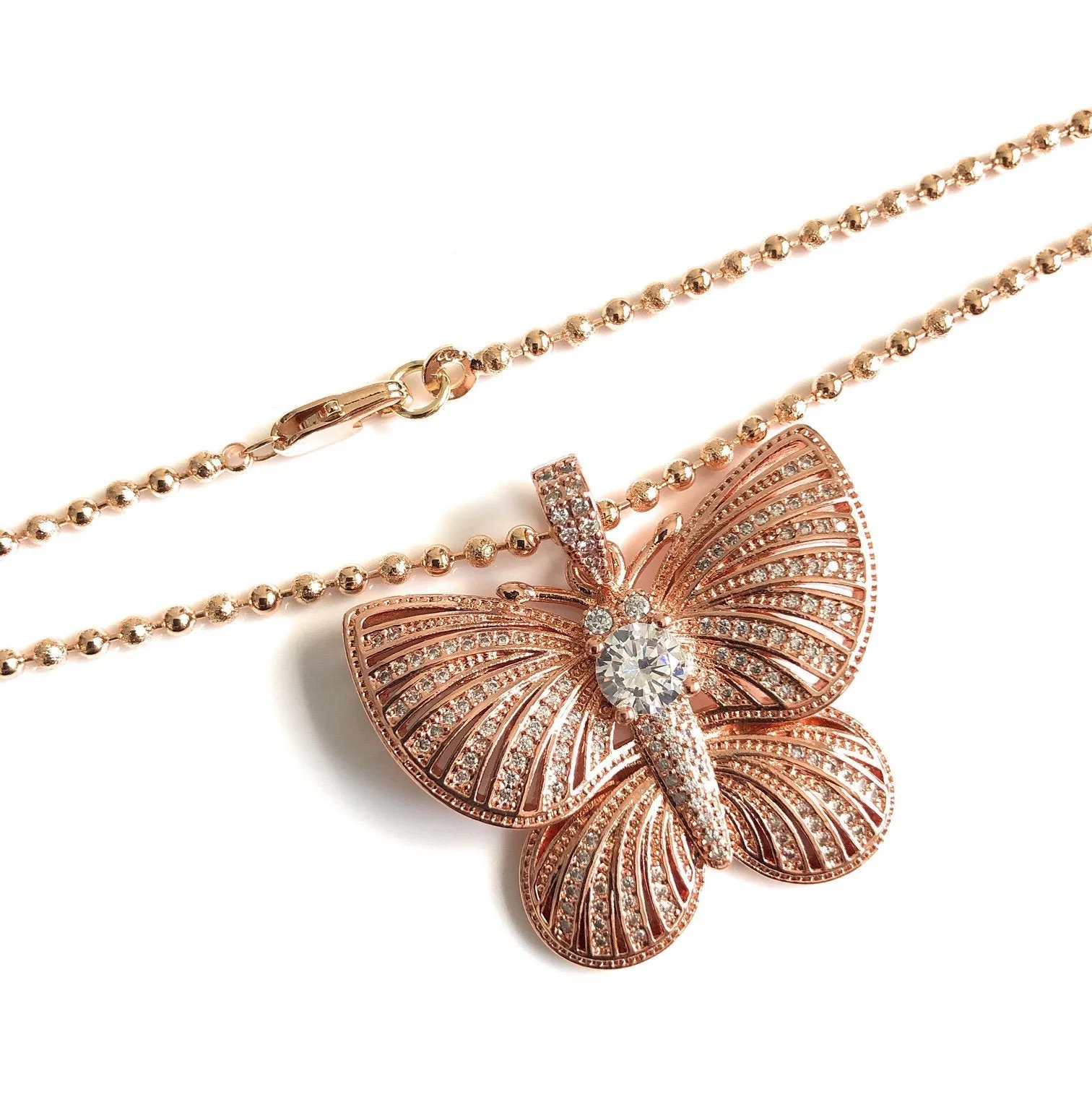 Rose Gold Butterfly Charm Necklace, Cubic Zirconia Big Butterfly Pendant, Fashion Necklace, Butterfly Jewelry, Rose Gold Trendy Necklace