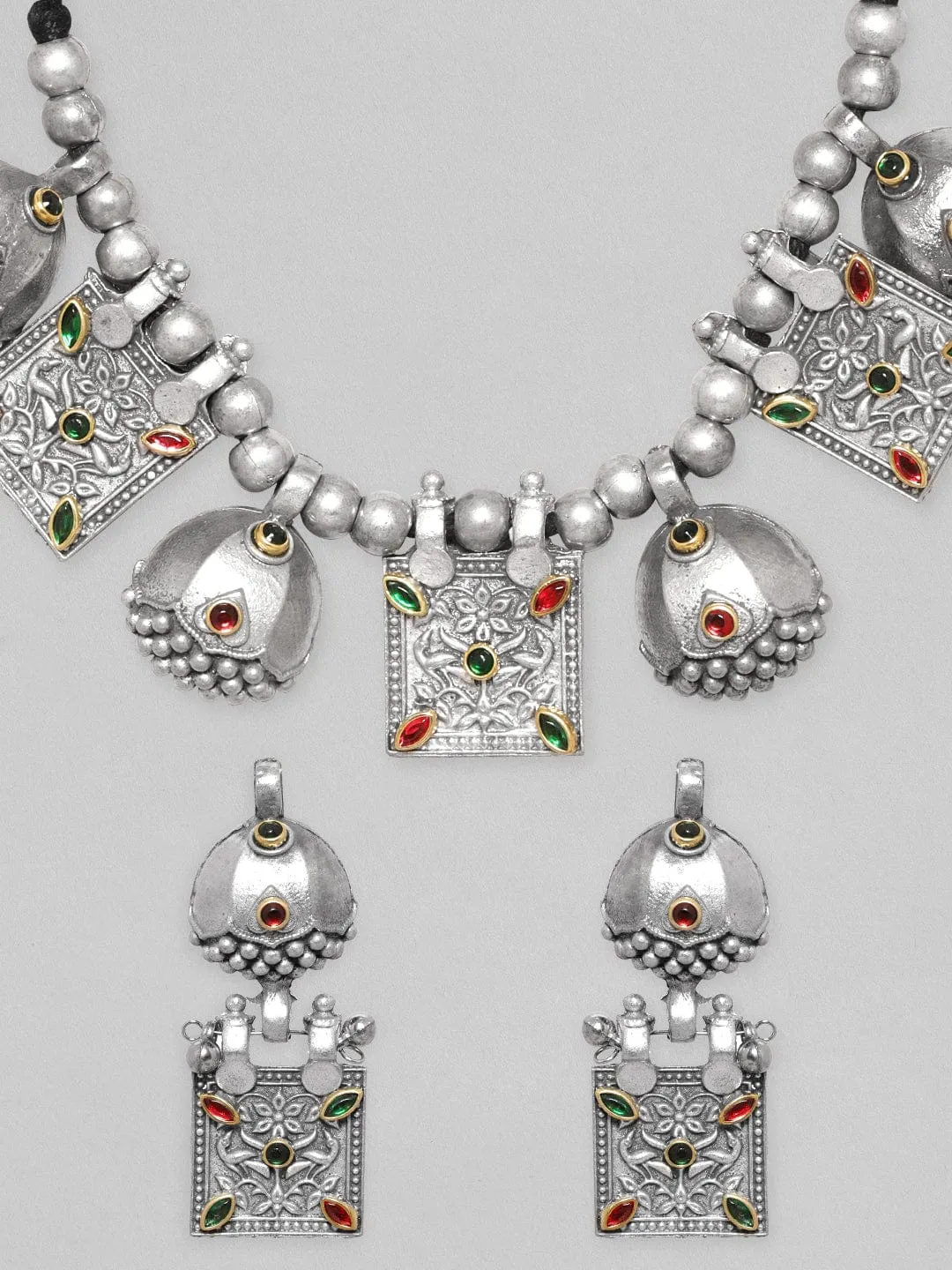 Rubans Oxidised Women Silver-Plated Kundan-Studded Jewellery Set