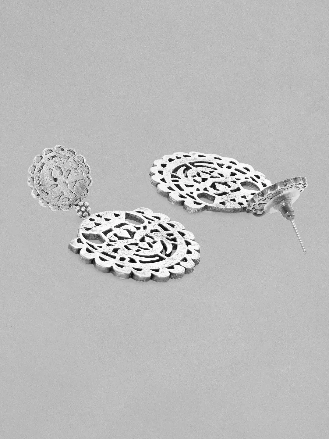 Rubans Silver Oxidised Drop Earrings With Elegantly Carved Design