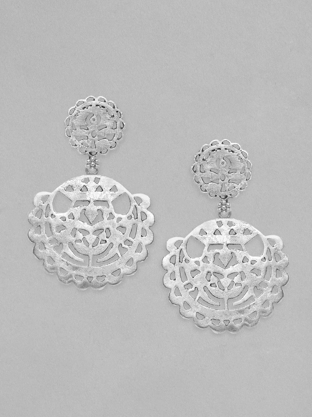 Rubans Silver Oxidised Drop Earrings With Elegantly Carved Design