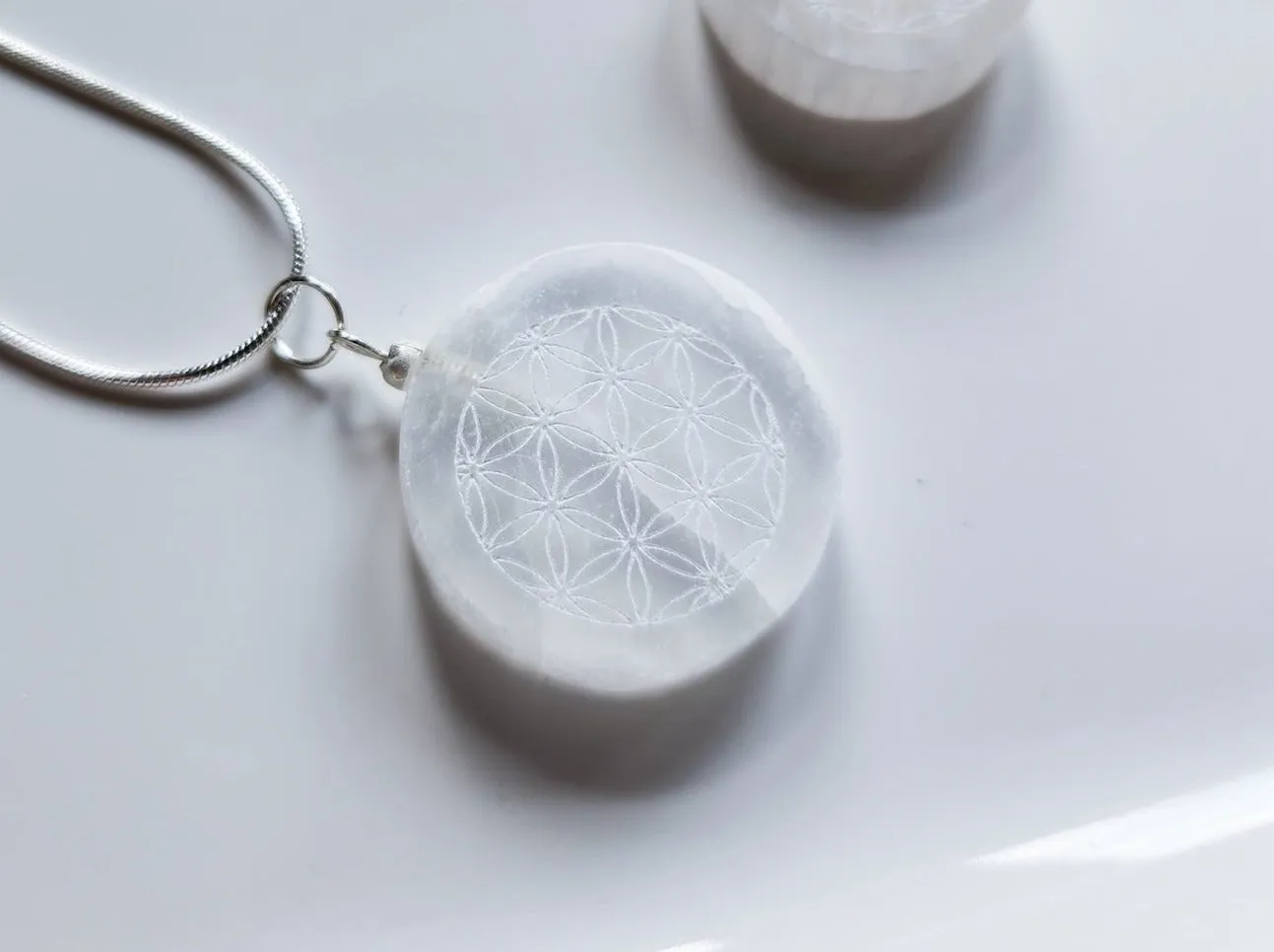 Selenite Engraved Flower of Life Necklace