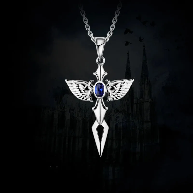 Silver Angel Wings Blue Crystal Zircon Cross Pendant Necklace