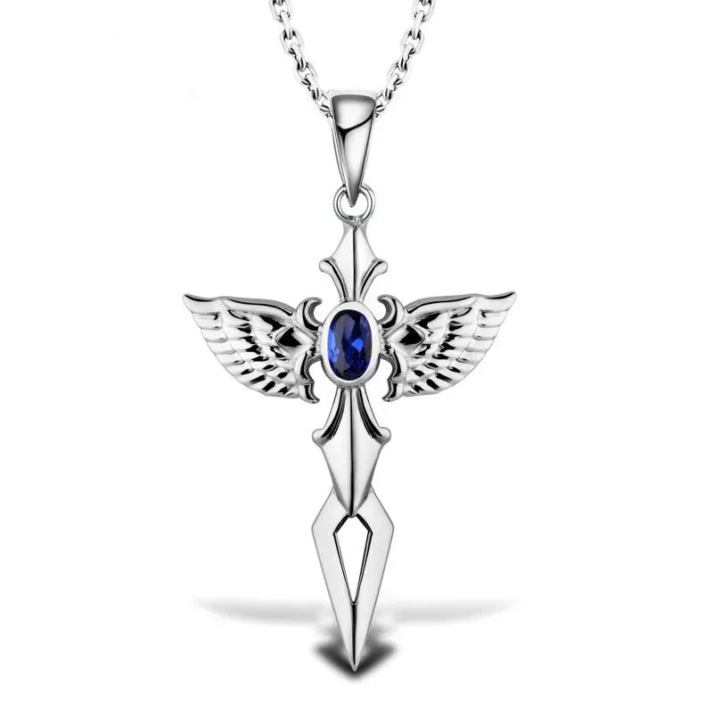 Silver Angel Wings Blue Crystal Zircon Cross Pendant Necklace