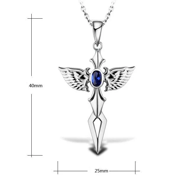 Silver Angel Wings Blue Crystal Zircon Cross Pendant Necklace