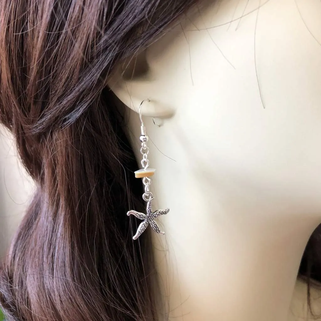 Silver Starfish and Shell Dangle Earrings