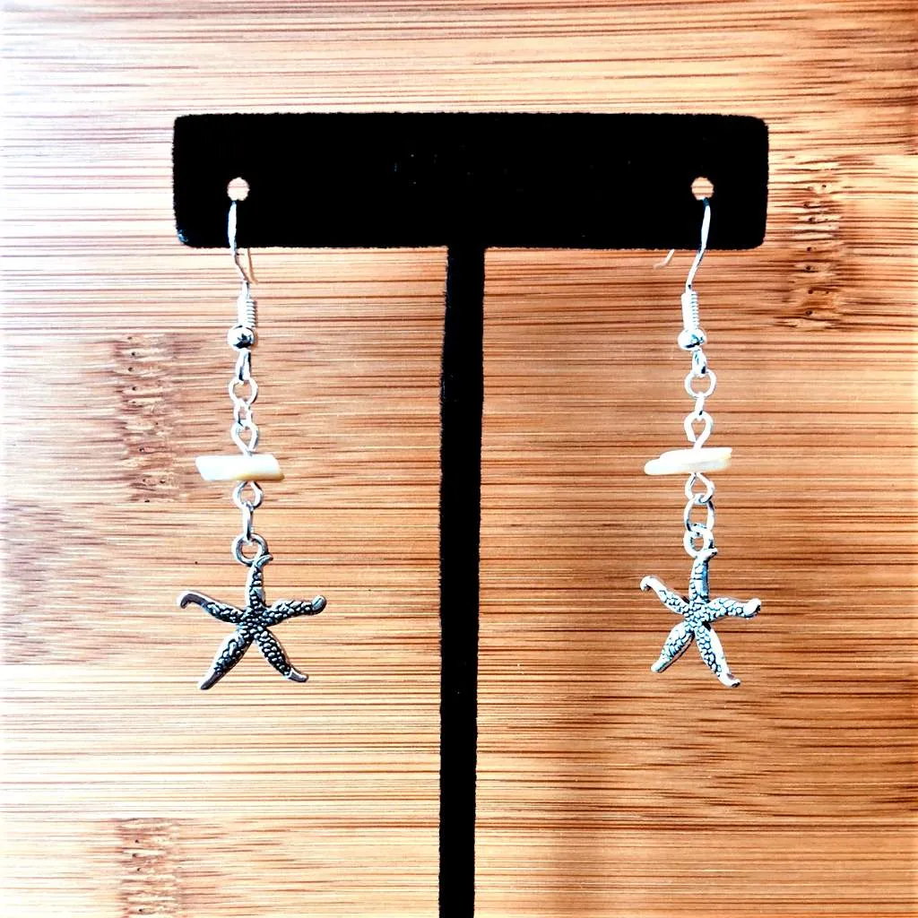 Silver Starfish and Shell Dangle Earrings