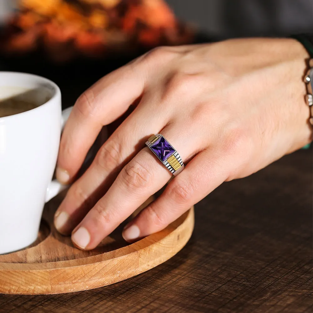 Solid Fine 14k White Gold Mens Ring With Rectangle Purple Amethyst Stone All Sz