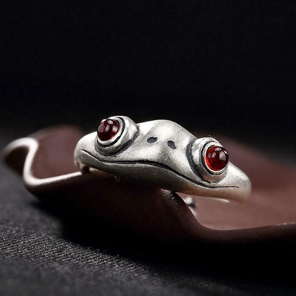 Sterling Silver Amber Red Eyes Open Adjustable Frog Wrap Ring