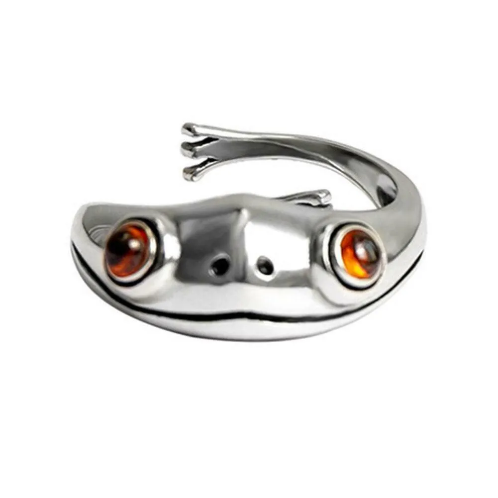 Sterling Silver Amber Red Eyes Open Adjustable Frog Wrap Ring