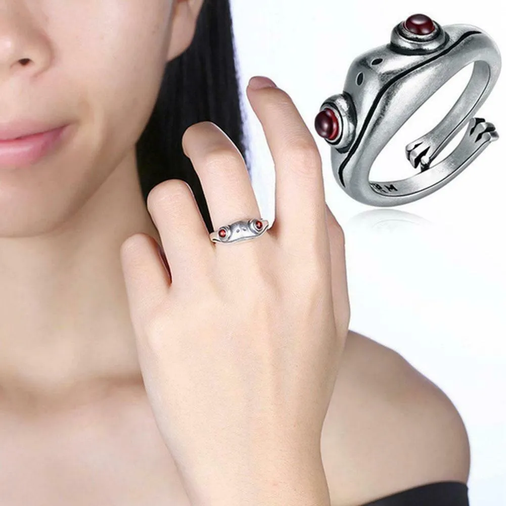 Sterling Silver Amber Red Eyes Open Adjustable Frog Wrap Ring