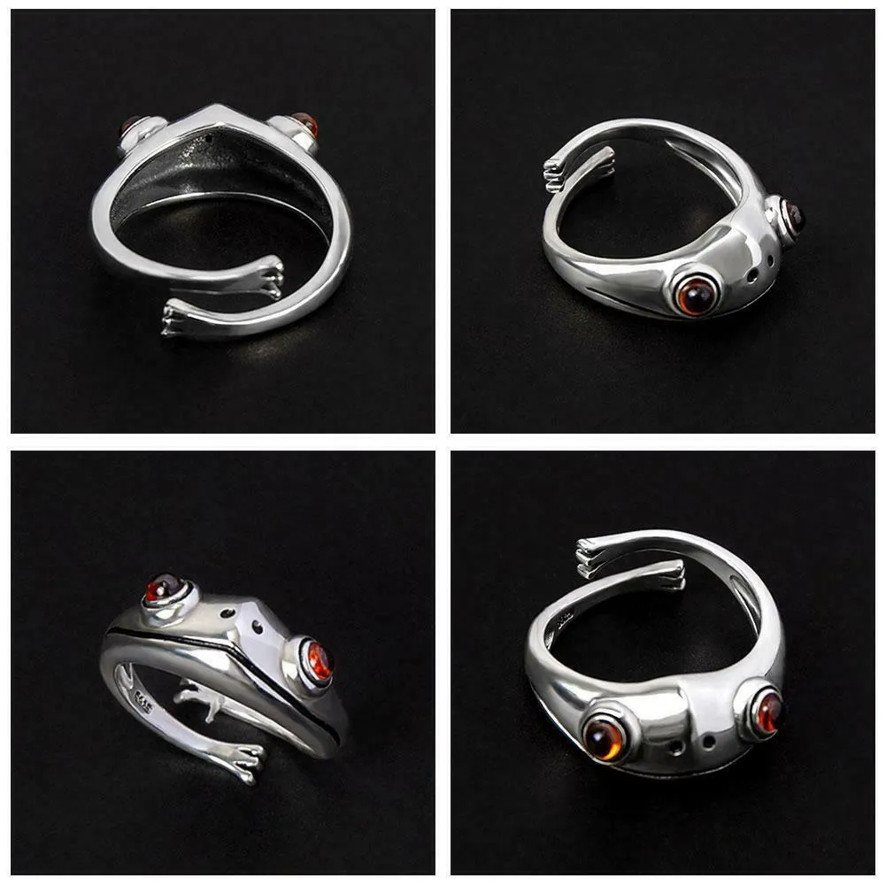 Sterling Silver Amber Red Eyes Open Adjustable Frog Wrap Ring