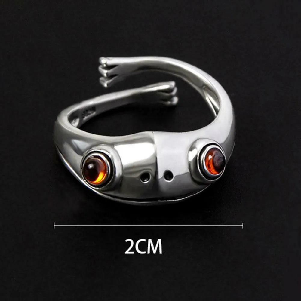 Sterling Silver Amber Red Eyes Open Adjustable Frog Wrap Ring