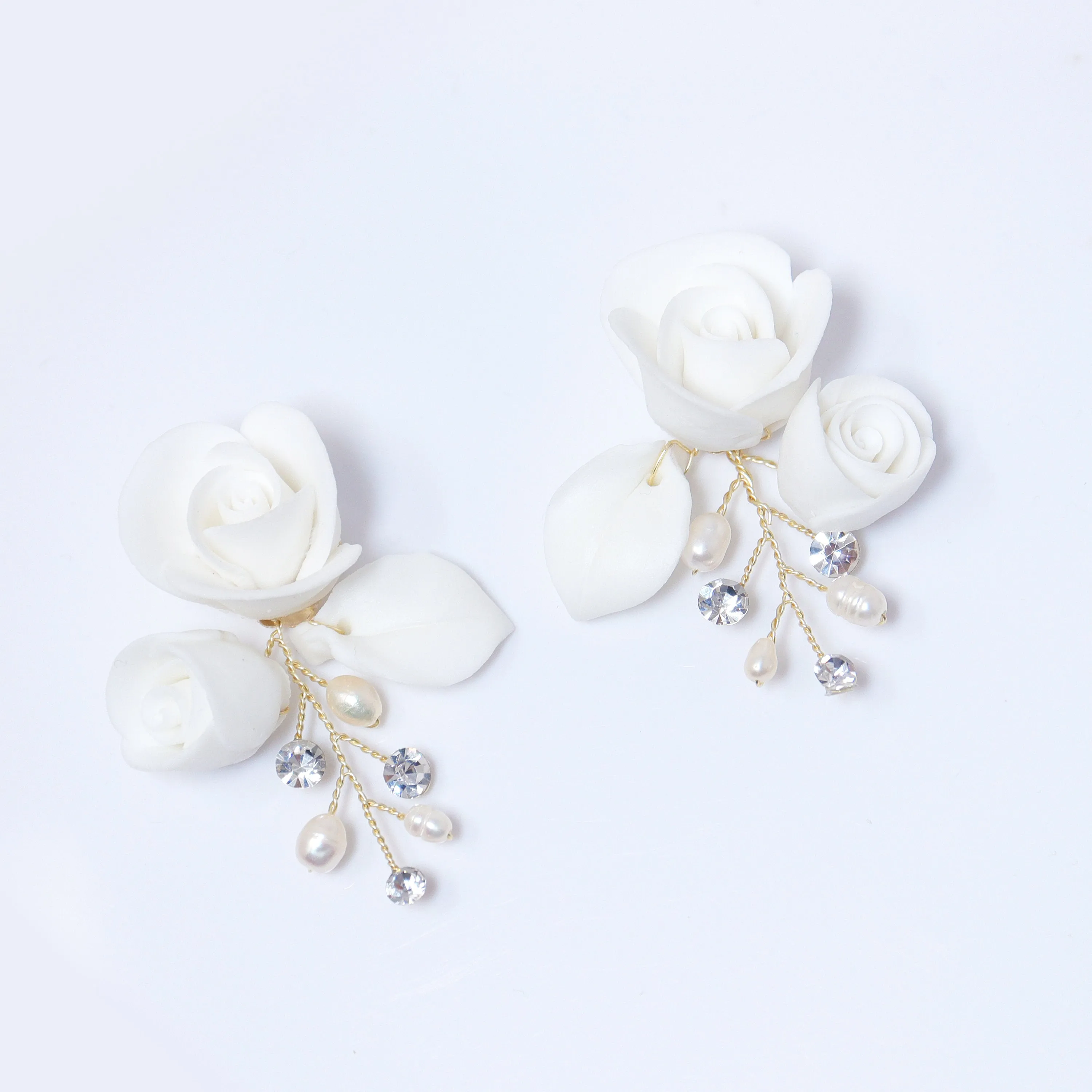 Swarovski Crystal Ceramic White Roses floral Bridal Earring, Bridal Earrings, Dangle earring, Natural Cultured Pearl Earring