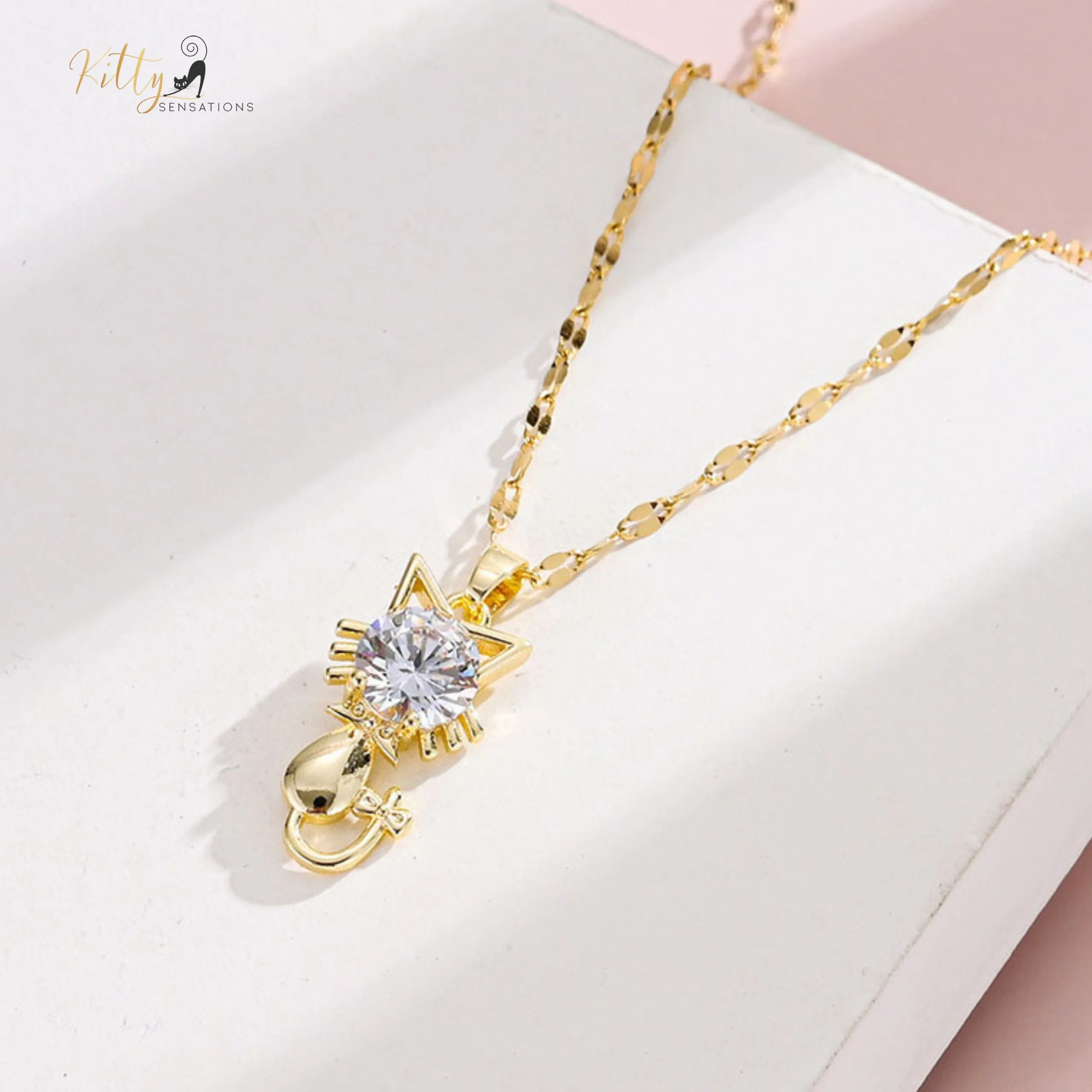 Tail-Bow Kitty CZ Necklace with Alternating Links Chain - Gold Plated