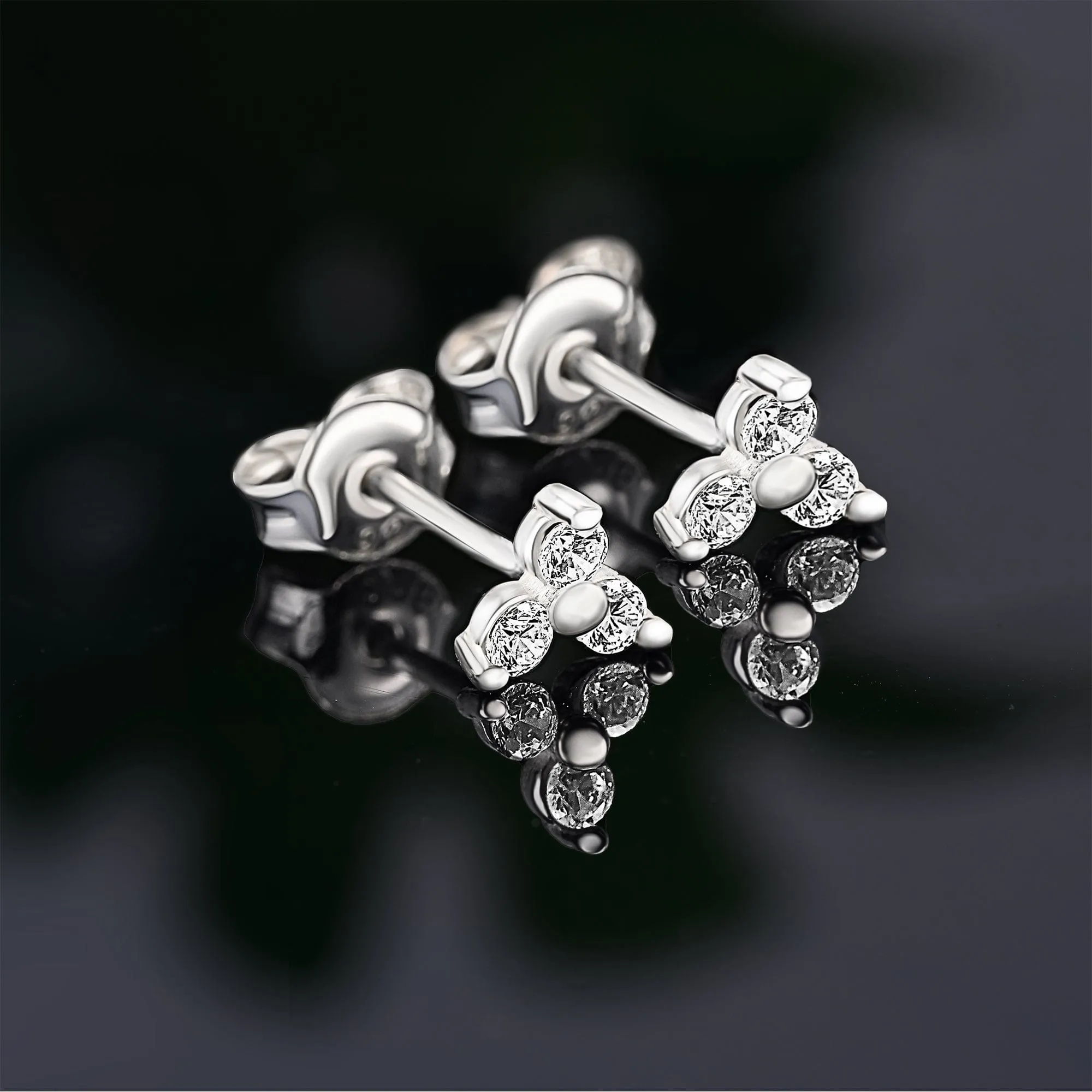 Three Petal Flower CZ Stud Earrings Sterling Silver