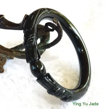 Two Dragons Hold Pearl Deep Green-Black Chinese Jade Carved Bangle Bracelet 53mm 56mm 58mm 60mm 61mm  (DC-DD)