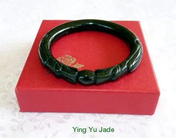 Two Dragons Hold Pearl Deep Green-Black Chinese Jade Carved Bangle Bracelet 53mm 56mm 58mm 60mm 61mm  (DC-DD)