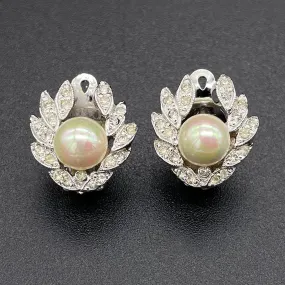 【USA輸入】ヴィンテージ POLCINI パール クリアストーン イヤリング/Vintage POLCINI Pearl Clear Rhinestones Clip On Earrings