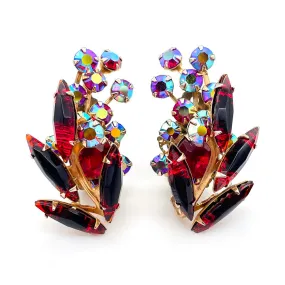 【USA輸入】ヴィンテージ レッド オーロラ フローラル ストーン イヤリング/Vintage Red Aurora Rhinestones Clip On Earrings