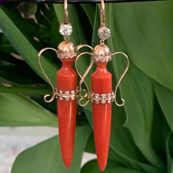 Victorian Coral & Diamond Amphora Earrings