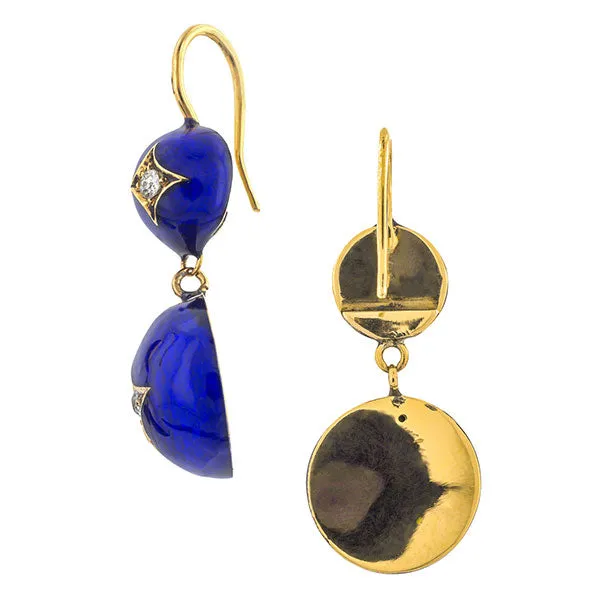 Victorian Diamond & Blue Enamel Drop Earrings