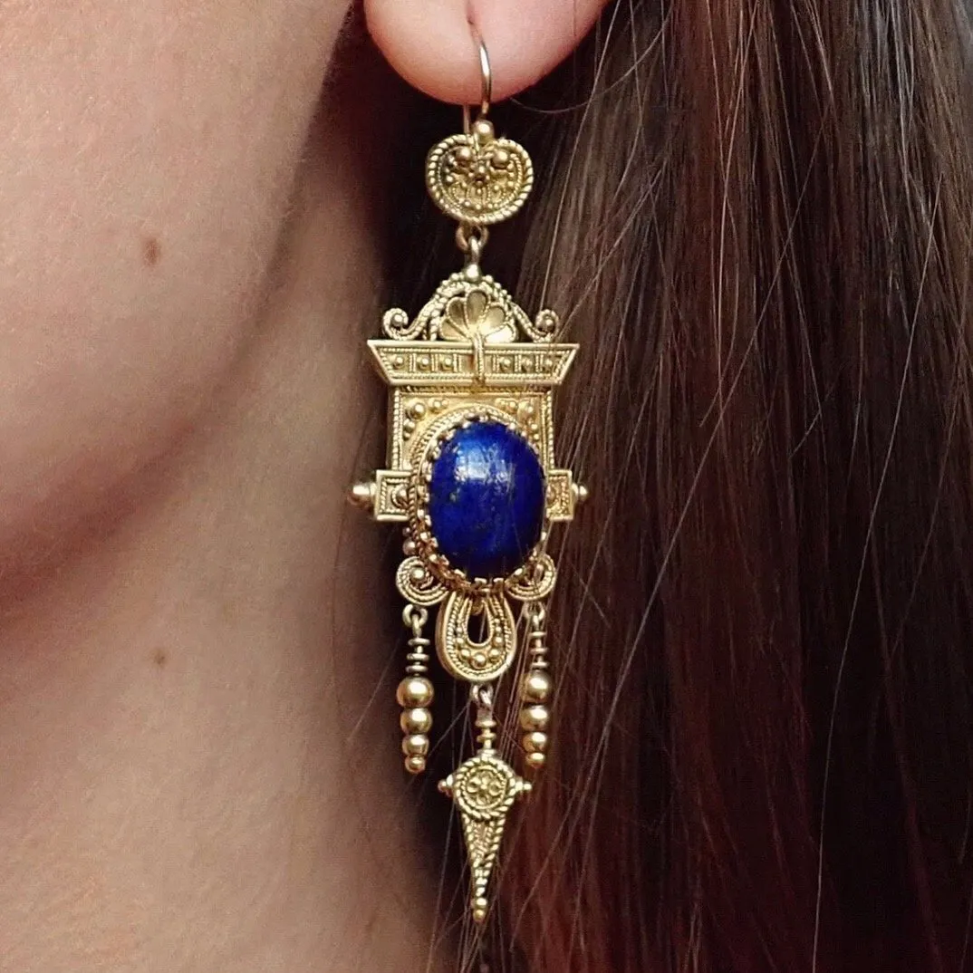 Victorian Etruscan Lapis Drop Earrings