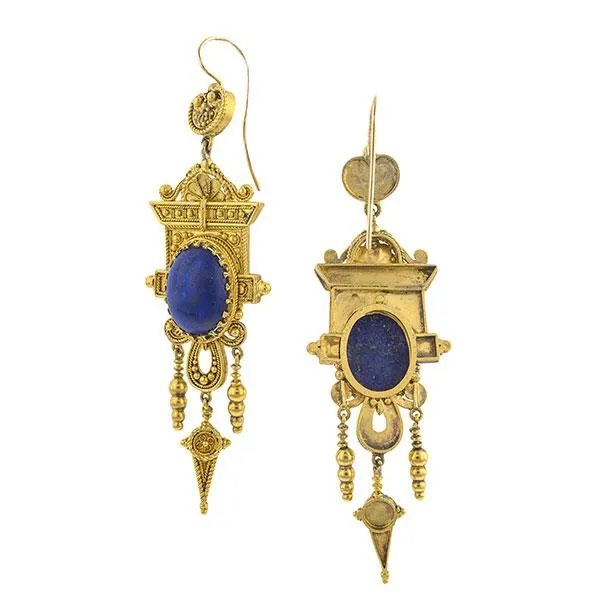 Victorian Etruscan Lapis Drop Earrings