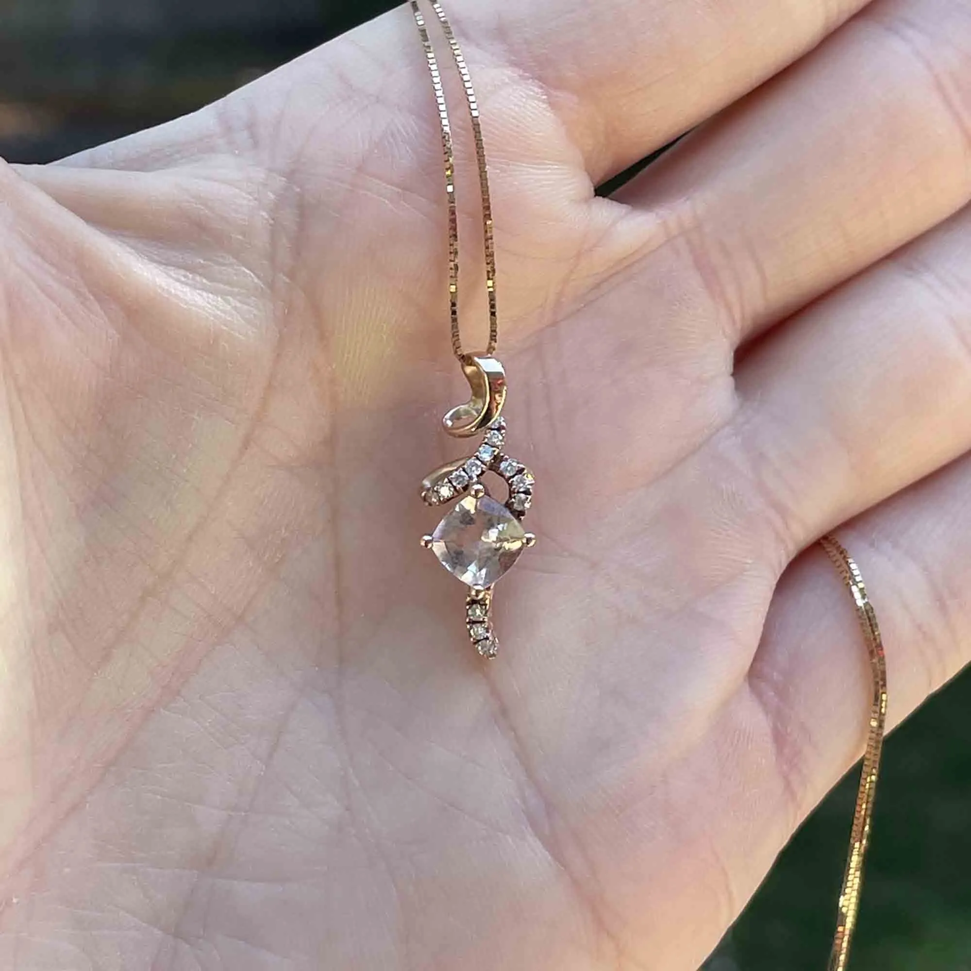 Vintage 10K Gold Morganite Diamond Pendant Necklace