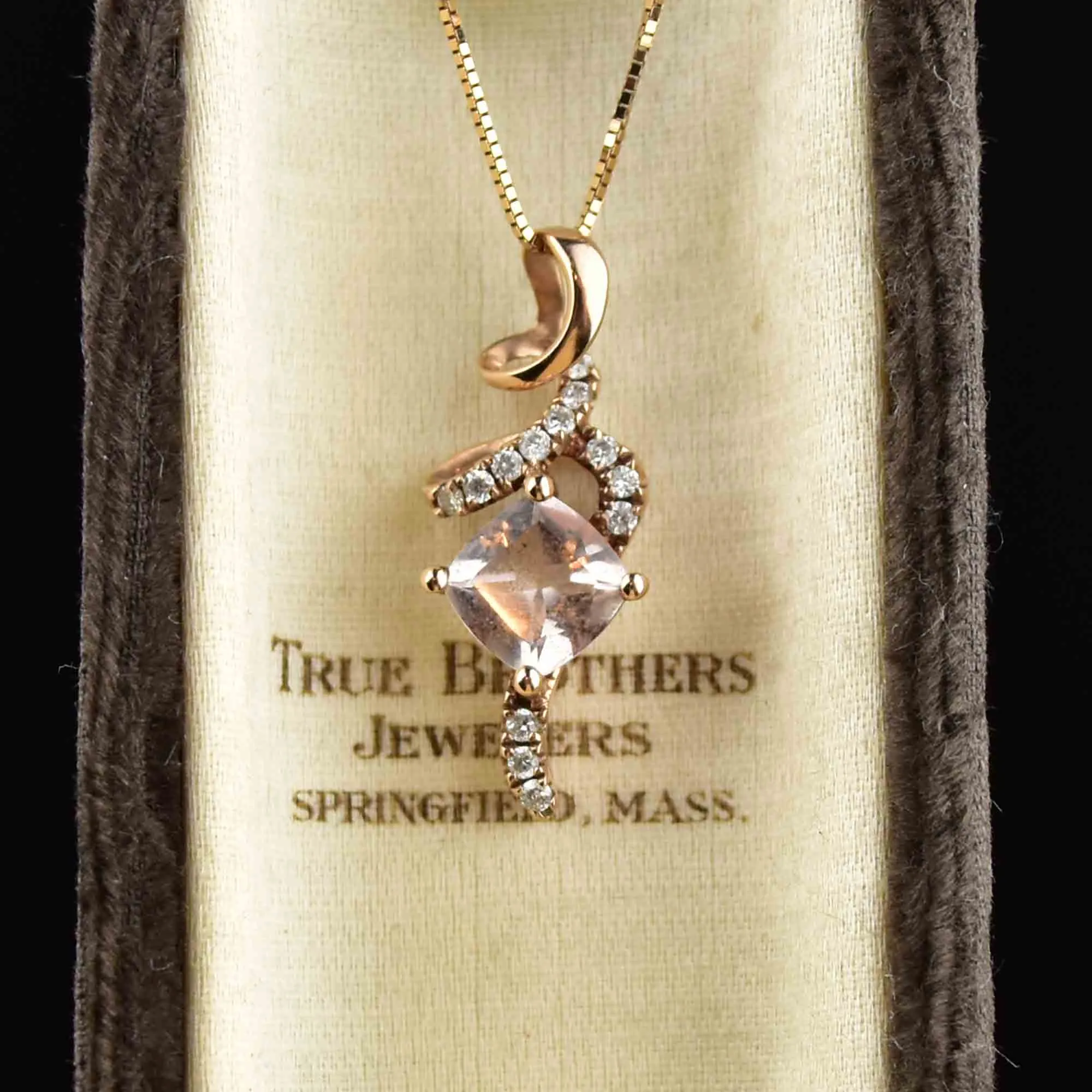 Vintage 10K Gold Morganite Diamond Pendant Necklace