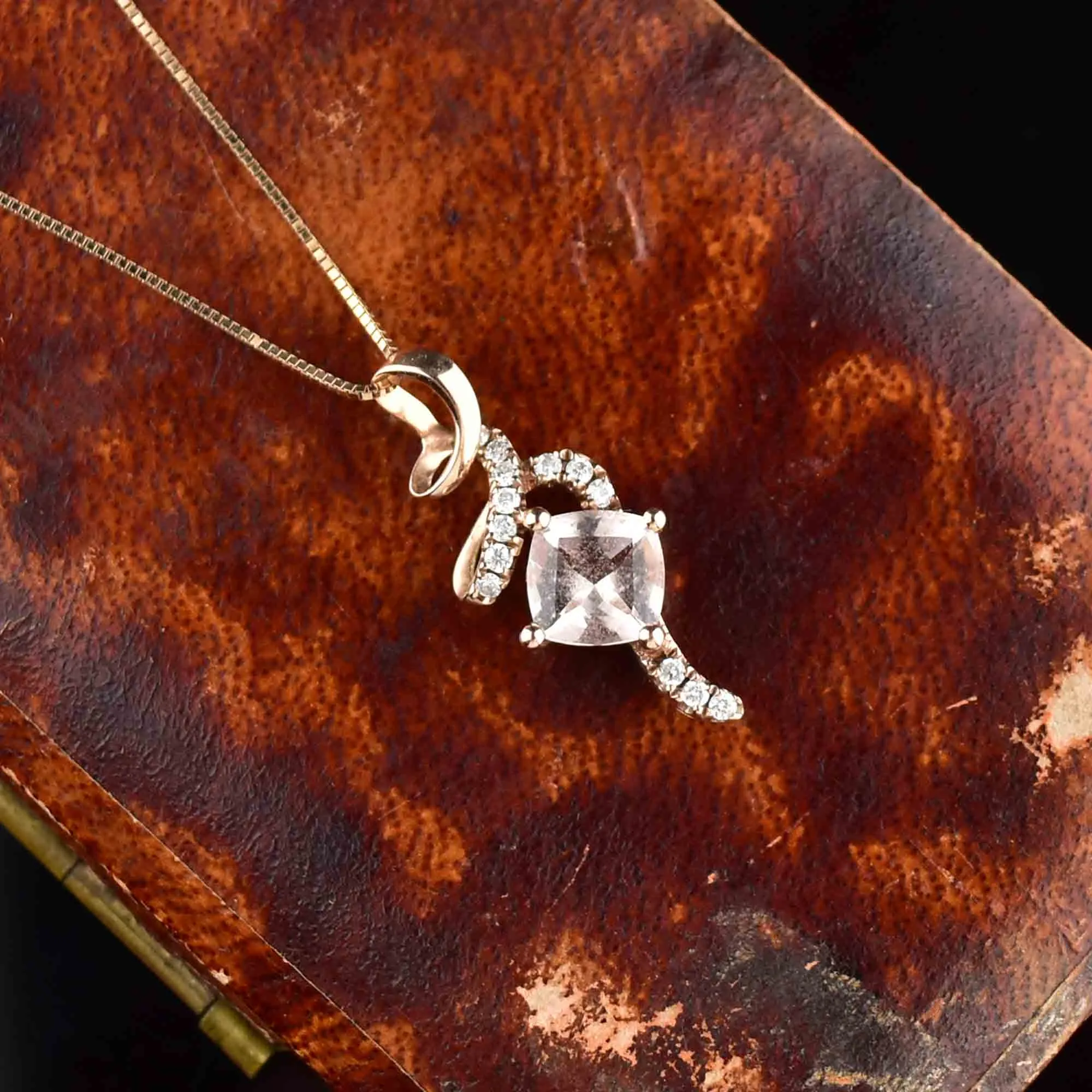 Vintage 10K Gold Morganite Diamond Pendant Necklace