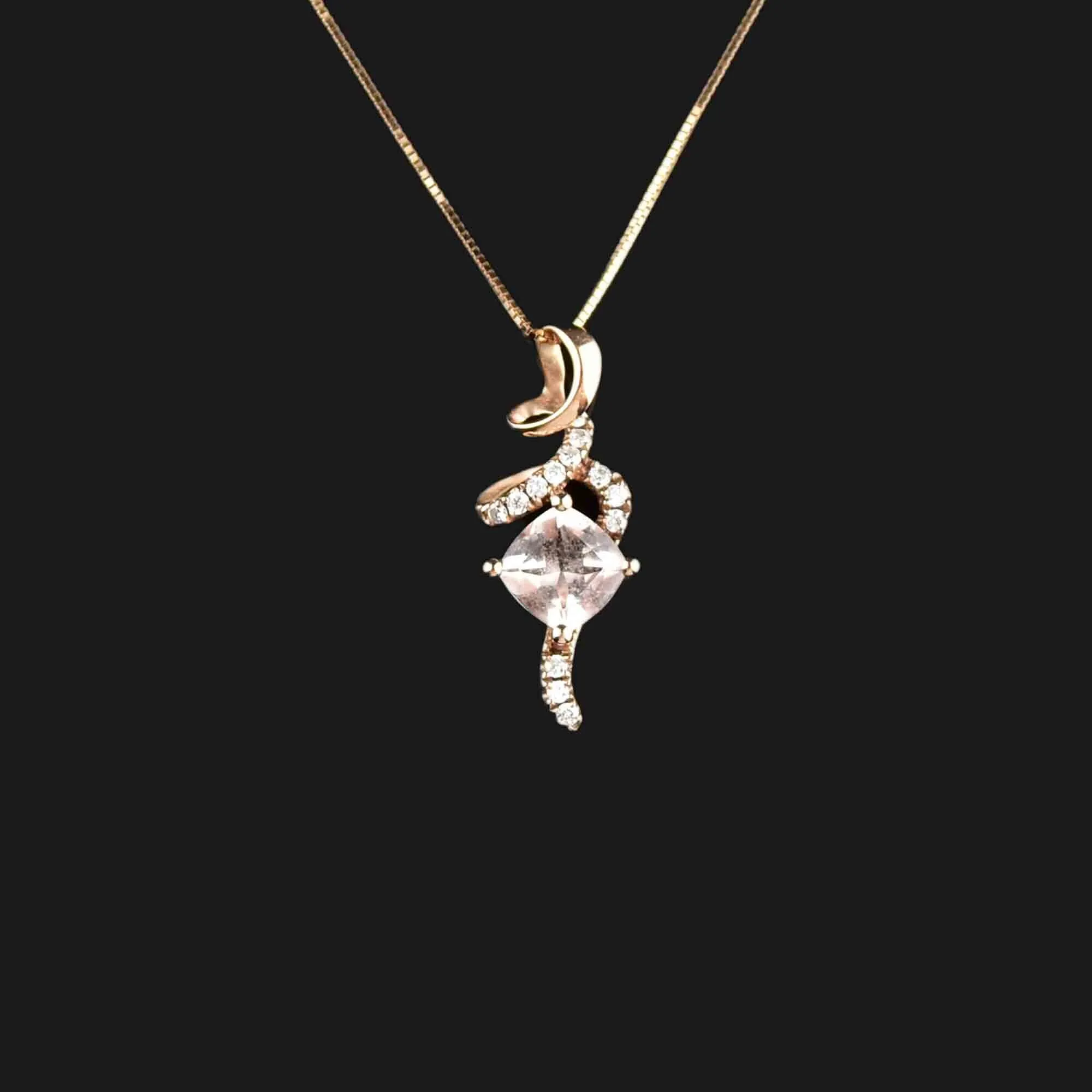 Vintage 10K Gold Morganite Diamond Pendant Necklace