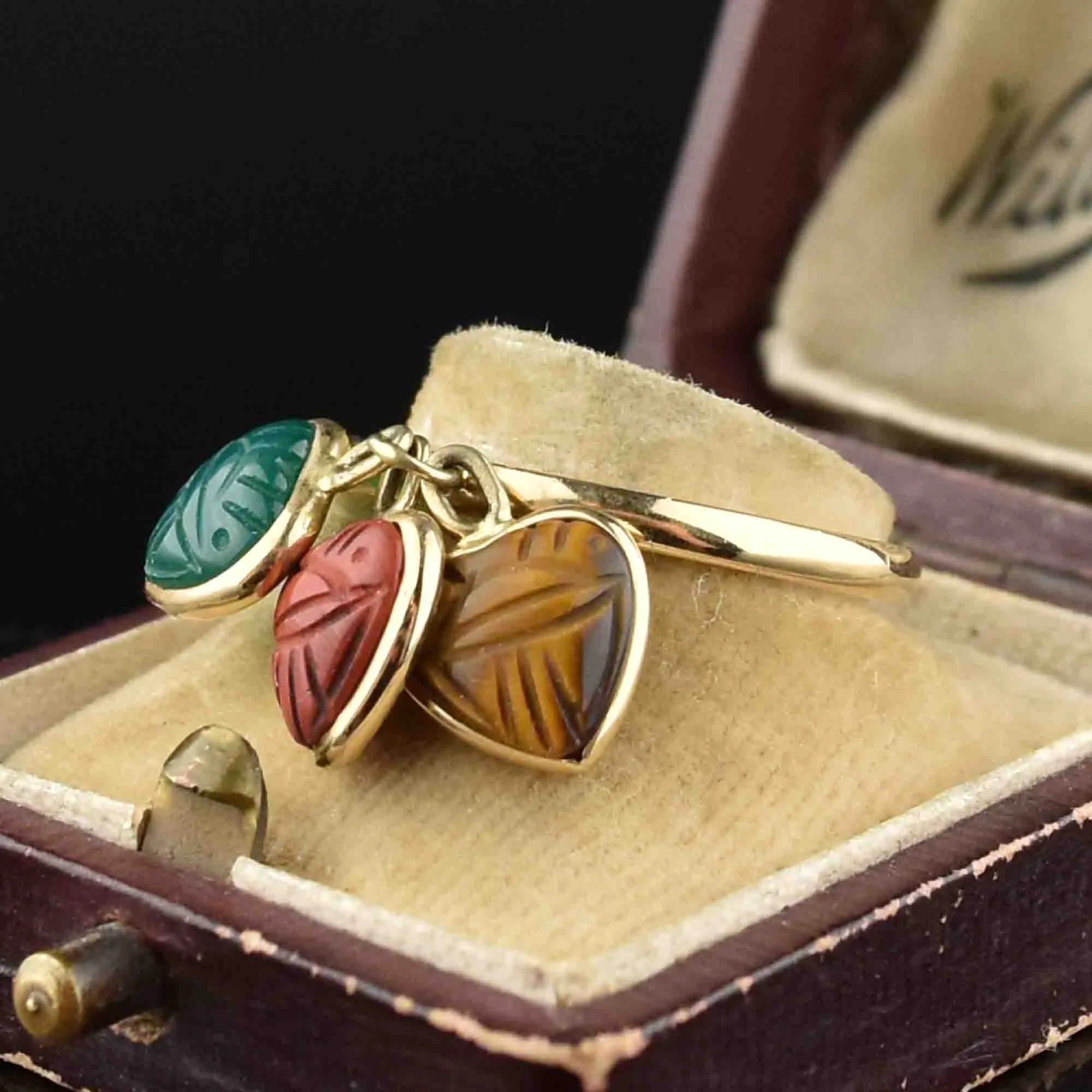 Vintage 14K Gold Tigers Eye Chrysoprase Jasper Heart Charm Ring