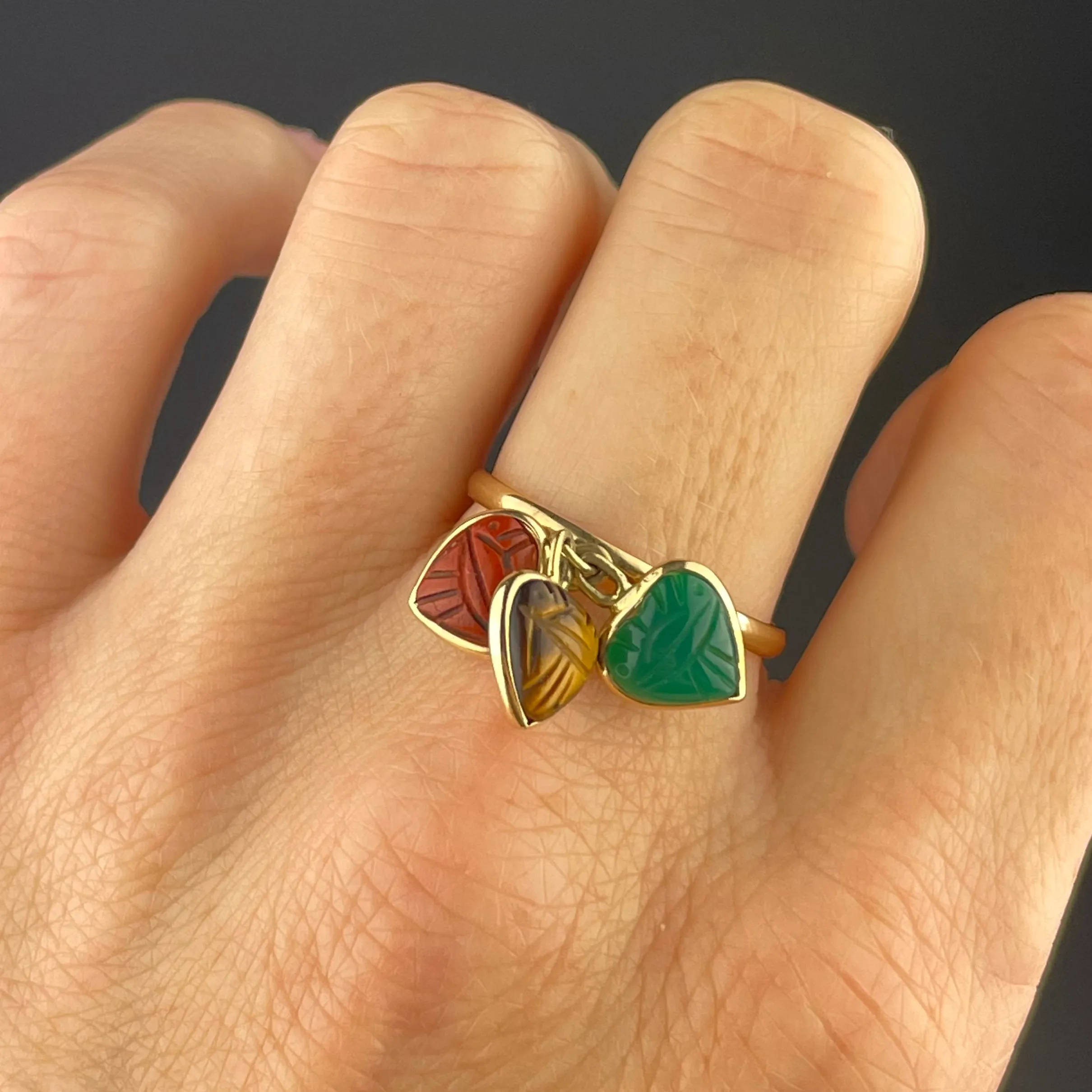 Vintage 14K Gold Tigers Eye Chrysoprase Jasper Heart Charm Ring