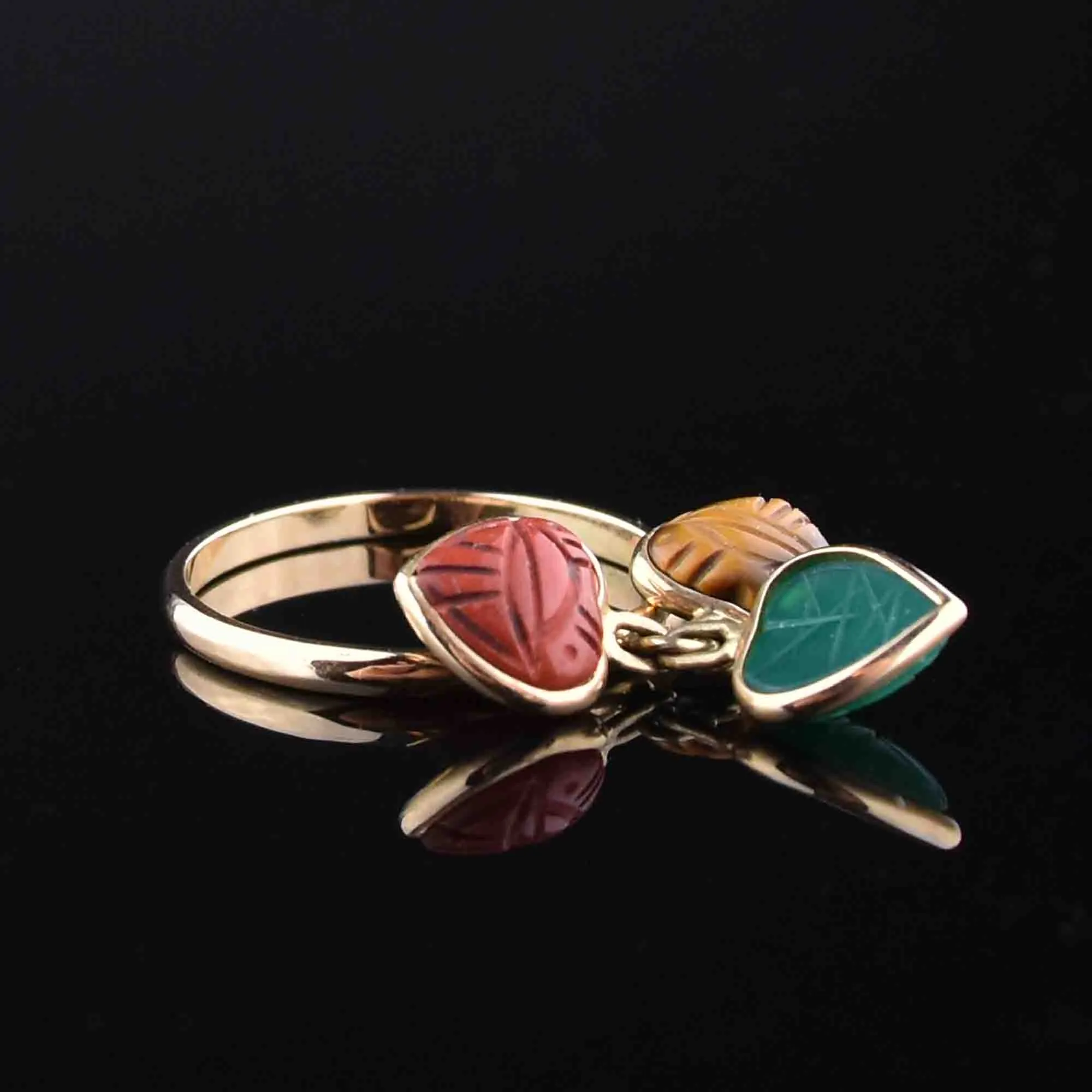 Vintage 14K Gold Tigers Eye Chrysoprase Jasper Heart Charm Ring