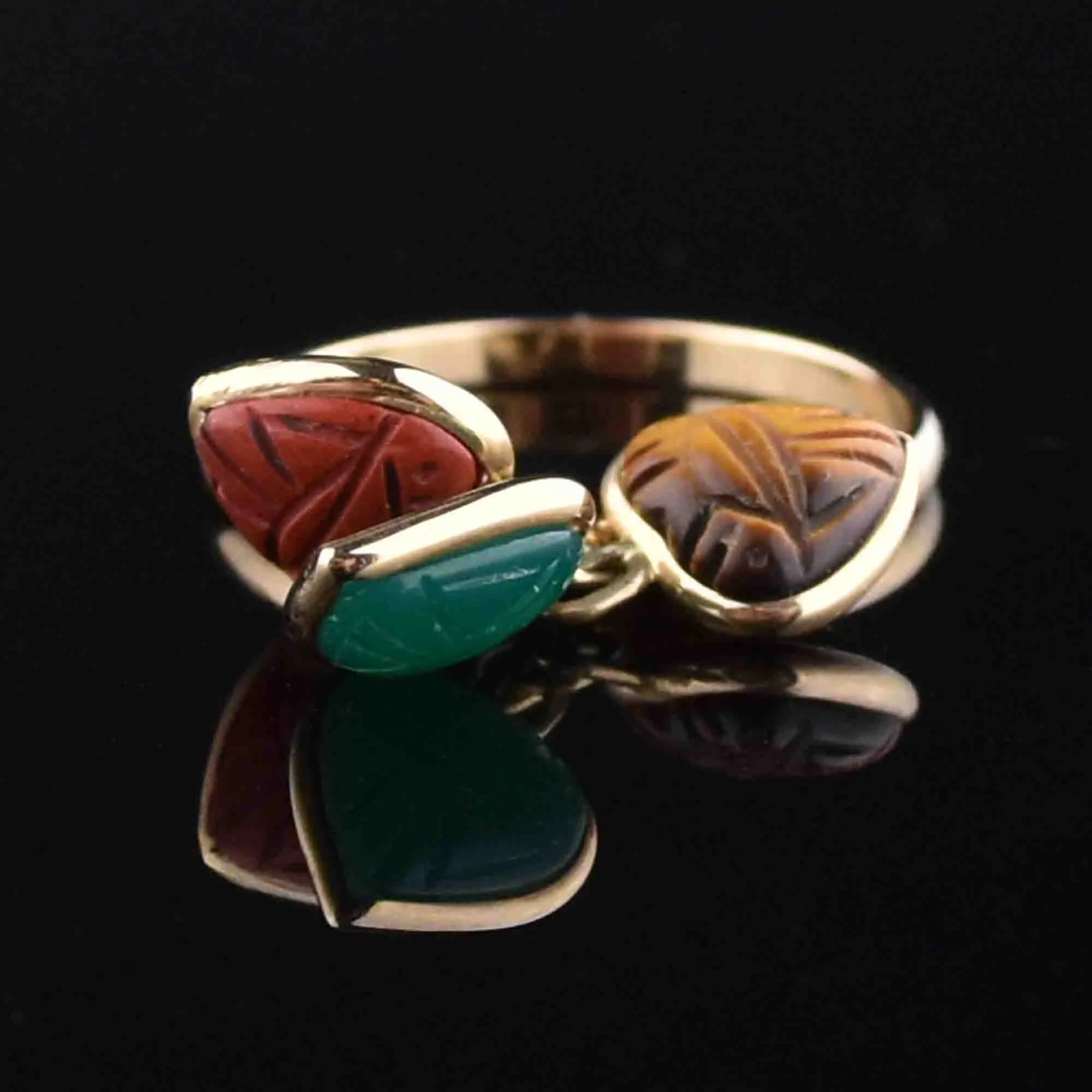 Vintage 14K Gold Tigers Eye Chrysoprase Jasper Heart Charm Ring