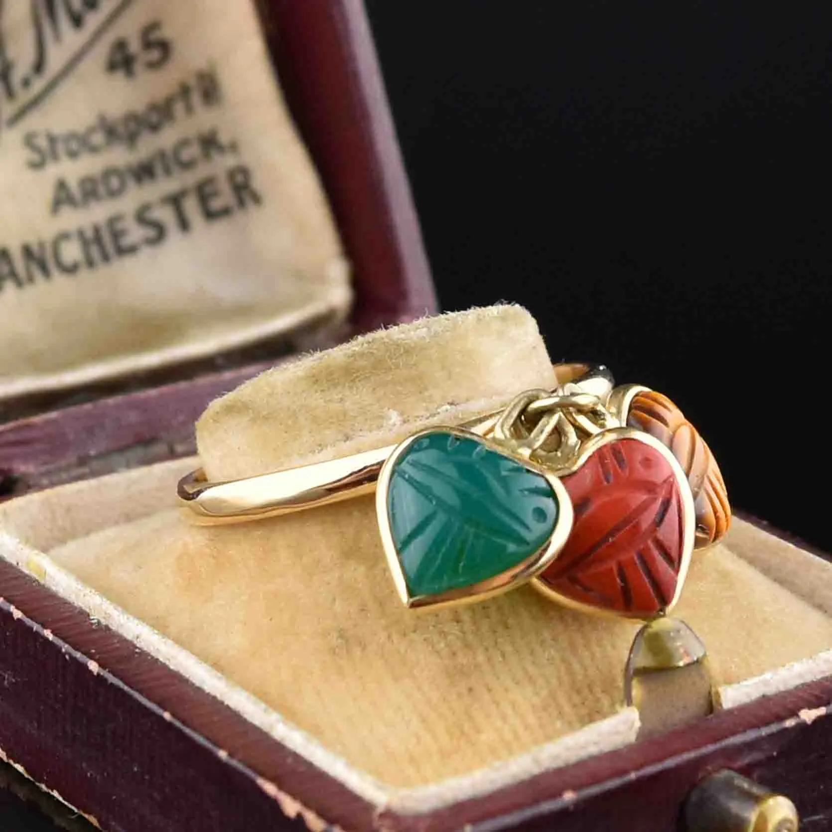 Vintage 14K Gold Tigers Eye Chrysoprase Jasper Heart Charm Ring