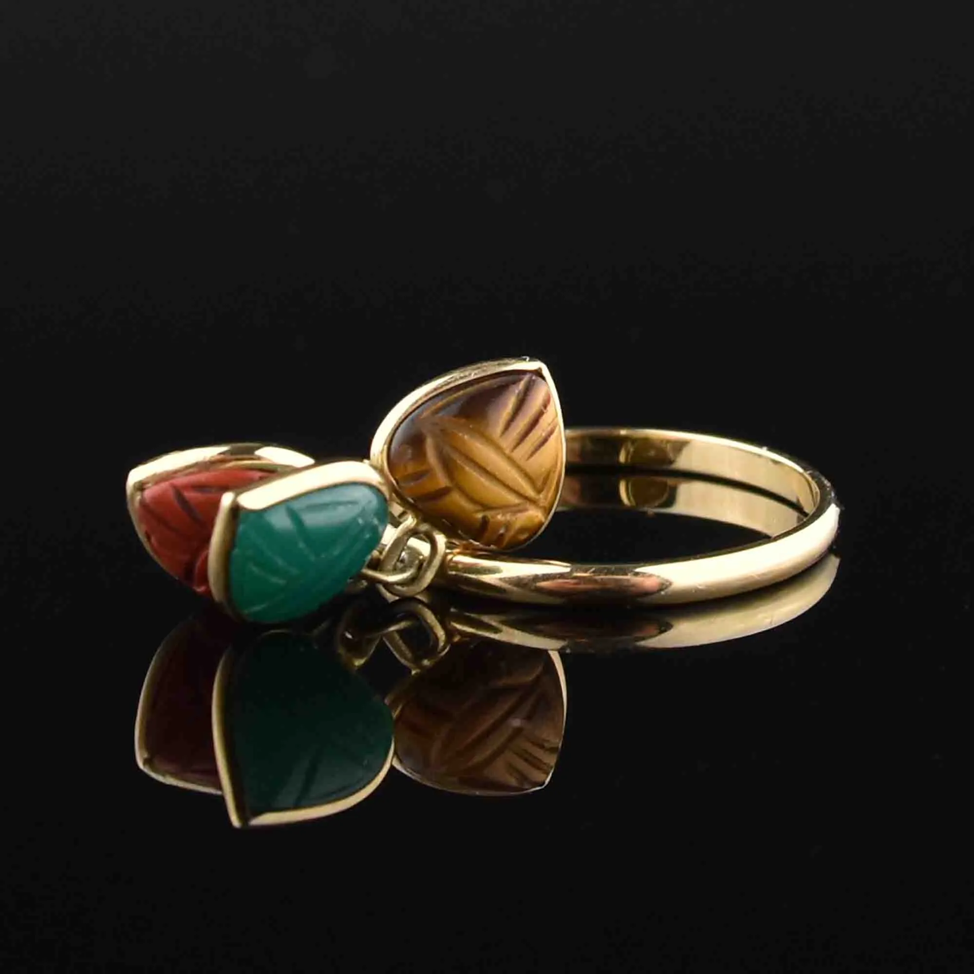 Vintage 14K Gold Tigers Eye Chrysoprase Jasper Heart Charm Ring