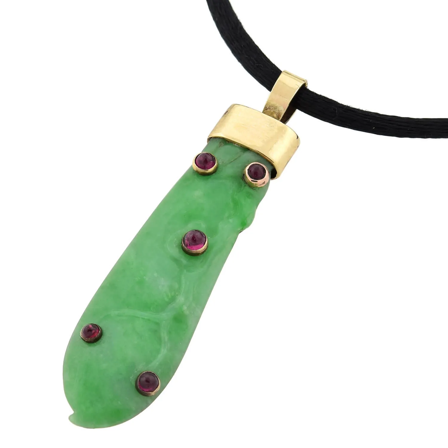 Vintage 14kt/Sterling Carved Jade   Ruby Peapod Pendant Necklace