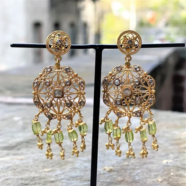 Vintage Indian Rose Cut & Peridot Drop Earrings