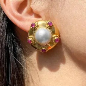 Vintage Pearl & Ruby Button Earrings