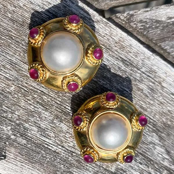 Vintage Pearl & Ruby Button Earrings