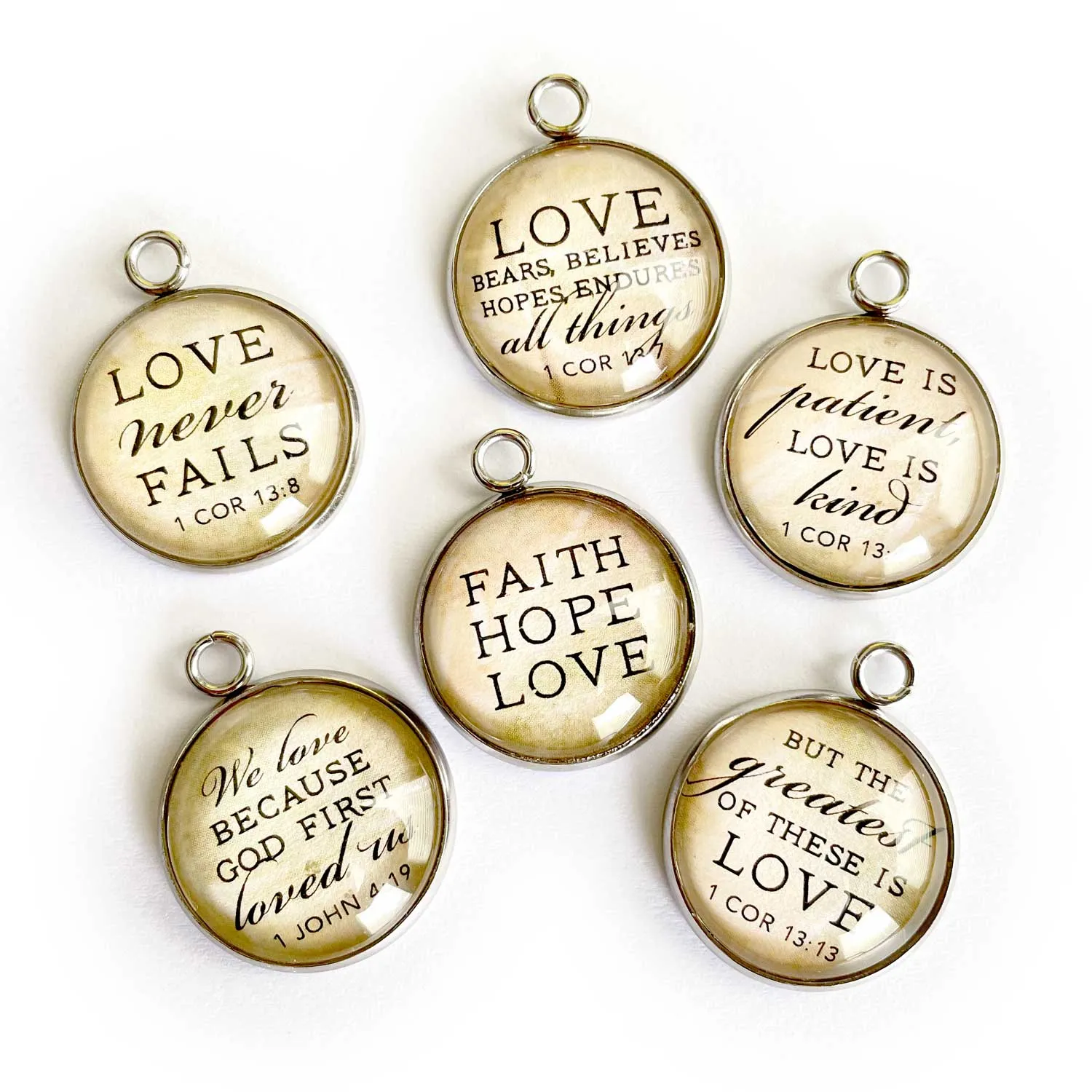 Wedding Faith Hope Love 1 Corinthians Scripture Charm Set for Jewelry Making, 20mm, Silver, Gold