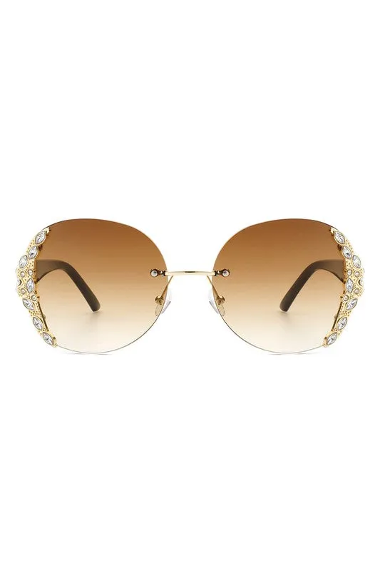 Women Rimless Round Rhinestone Oversize Sunglasses